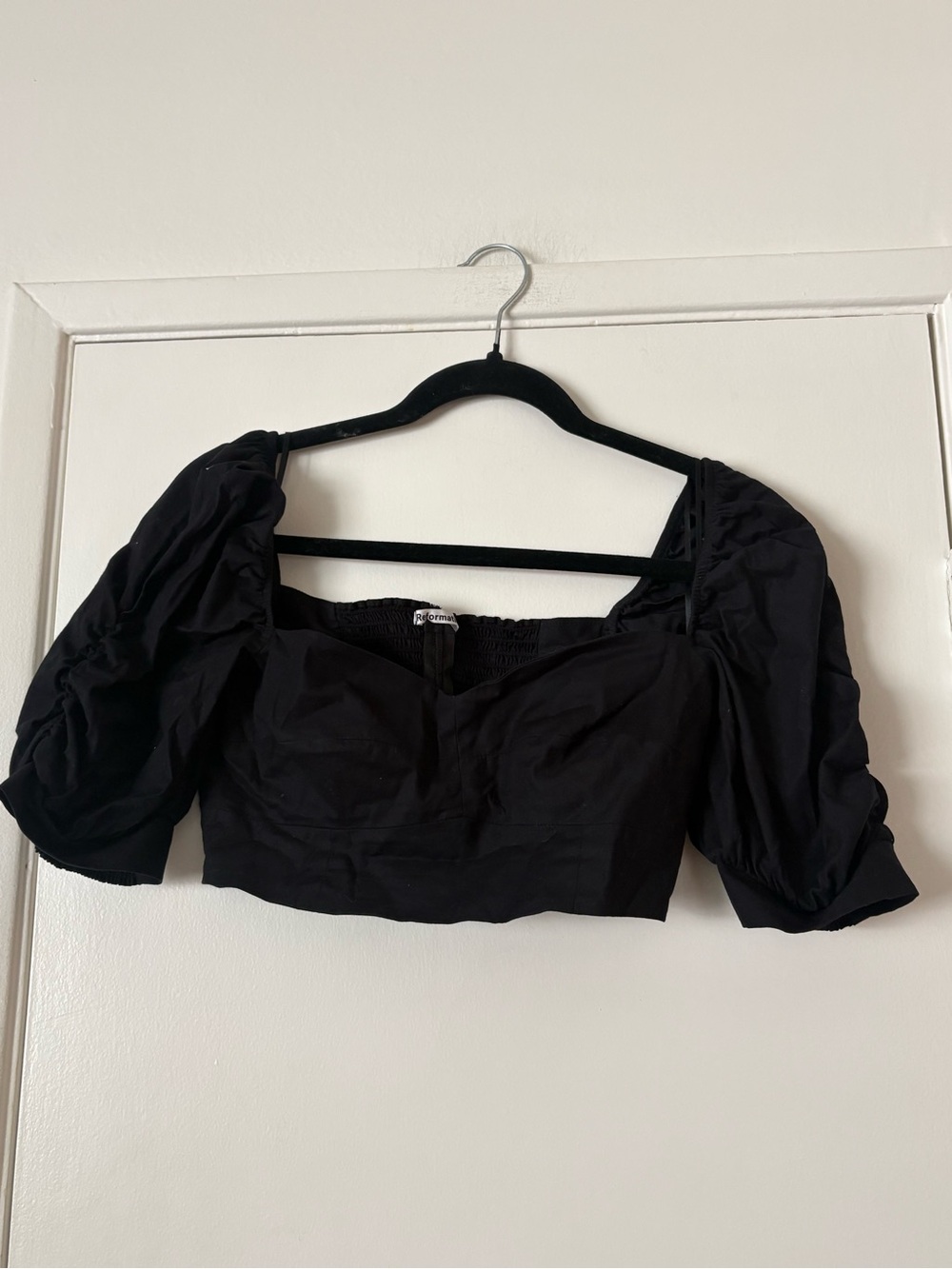 Reformation Delevan Black Puff-Sleeve Cropped Top Size 4